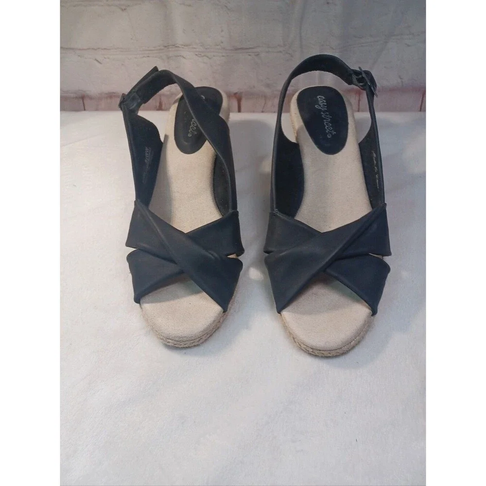 Easy Street Black Espadrille Wedge Slingback Sandals Women's Size 9.5WW